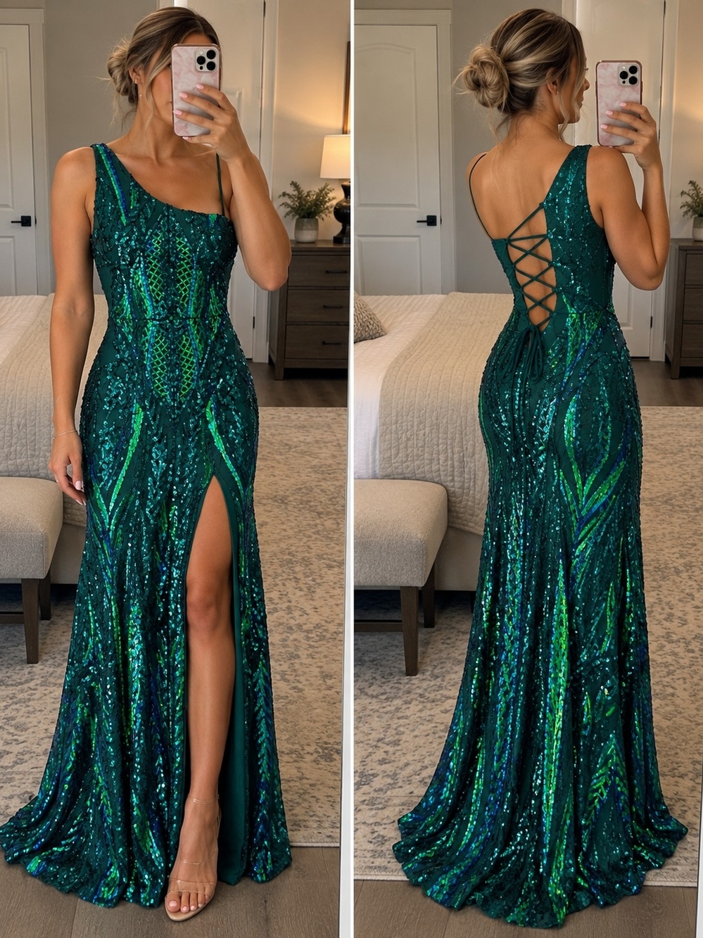 Blondie Nites Emerald Sequin One-Shoulder Prom Gown – NWT